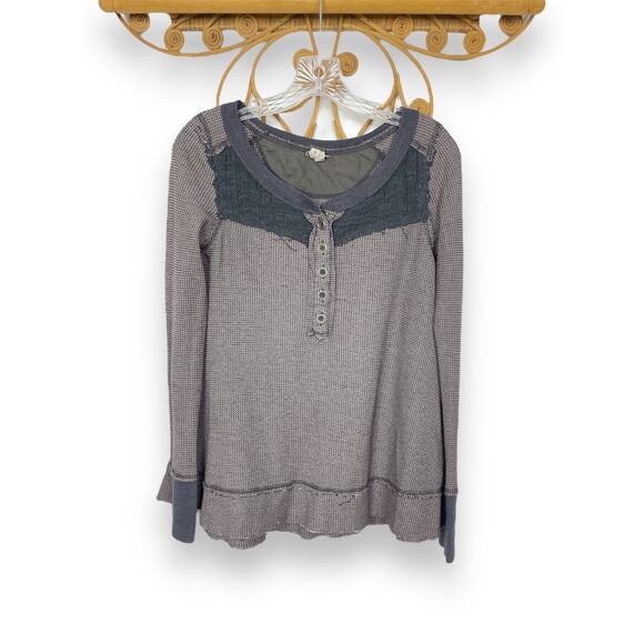Free People Tops - Free People Heathered Gray Waffle Knit Lace Yoke Henley